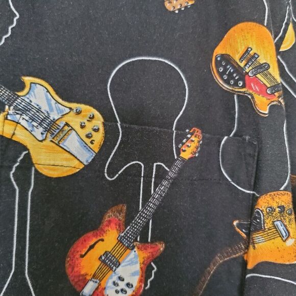 Vintage Dem Crazy Shirt Mens L Guitar All Over Print Button Up Short Sleeve Blk - Picture 10 of 16